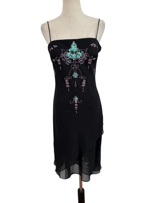 Vtg 90s Y2K Rimini Dress Black Beaded Sequin Sz 6 Iridescent Asymmetrical Hem  - Image 1 of 4