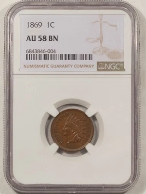 1869 INDIAN CENT - NGC AU-58 BN LOOKS UNCIRCULATED, NICE AND SMOOTH BROWN - Image 1 of 3