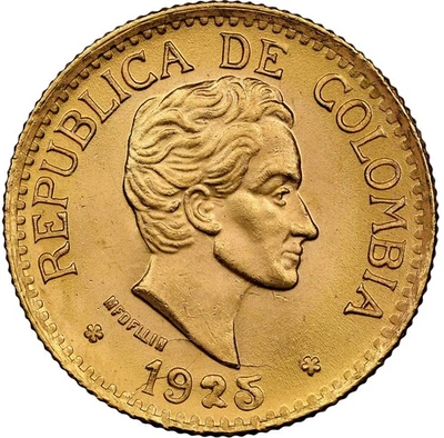 Colombia: Republic Gold 5 Pesos 1925 NGC MS-64+ Medellin, Choice near-Gem! - Image 1 of 4