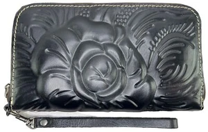 Patricia Nash Wristlet Zipper Wallet Black Rose Floral Tooled Embossed Leather - Picture 1 of 11