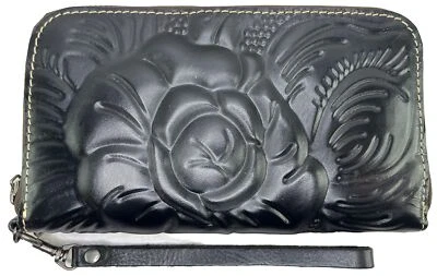 Patricia Nash Wristlet Zipper Wallet Black Rose Floral Tooled Embossed Leather - Image 1 of 4