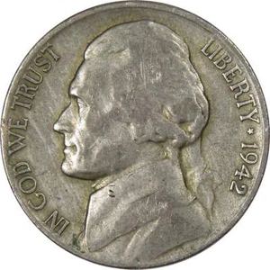 1942 S Jefferson Wartime Nickel AG About Good 35% Silver 5c US Coin Collectible - Picture 1 of 2
