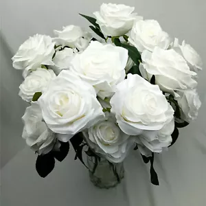 10Heads Pure White Artificial Silk Rose Flowers Bouquet Wedding Home Party Decor - Picture 1 of 5