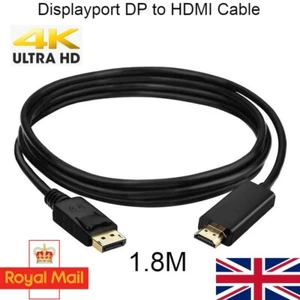 DisplayPort Plug to HDMI Male Plug Display/Monitor/TV Cable Cord Lead 1.8m - Picture 1 of 1