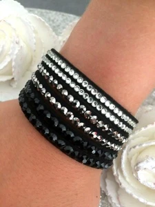 BRACELET FEMME STRASS CRISTAUX ZYRCONIUM NOIR ET ARGENT FERMETURE PRESSIONS - Picture 1 of 2
