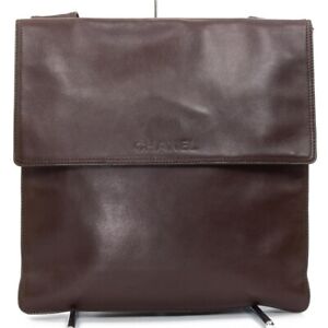 CHANEL Logo Lambskin Leather Crossbody Bag Women Dark Brown Vintage Genuine USED
