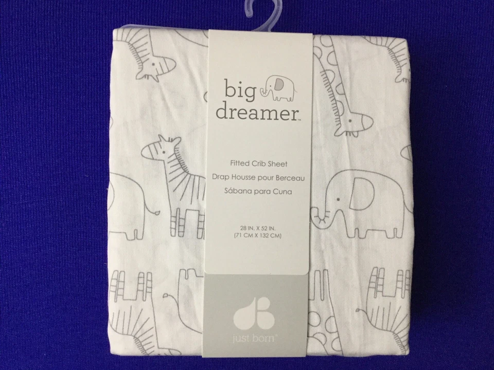 NEW Just Born Big Creamer Animal Print White Fitted Crib Sheet 28 X 52 in (E11) - Image 1 of 3