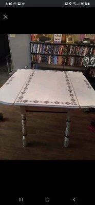 Vintage Porcelain Enamel Top Table w/ Slide Outs Black & White - Image 1 of 2