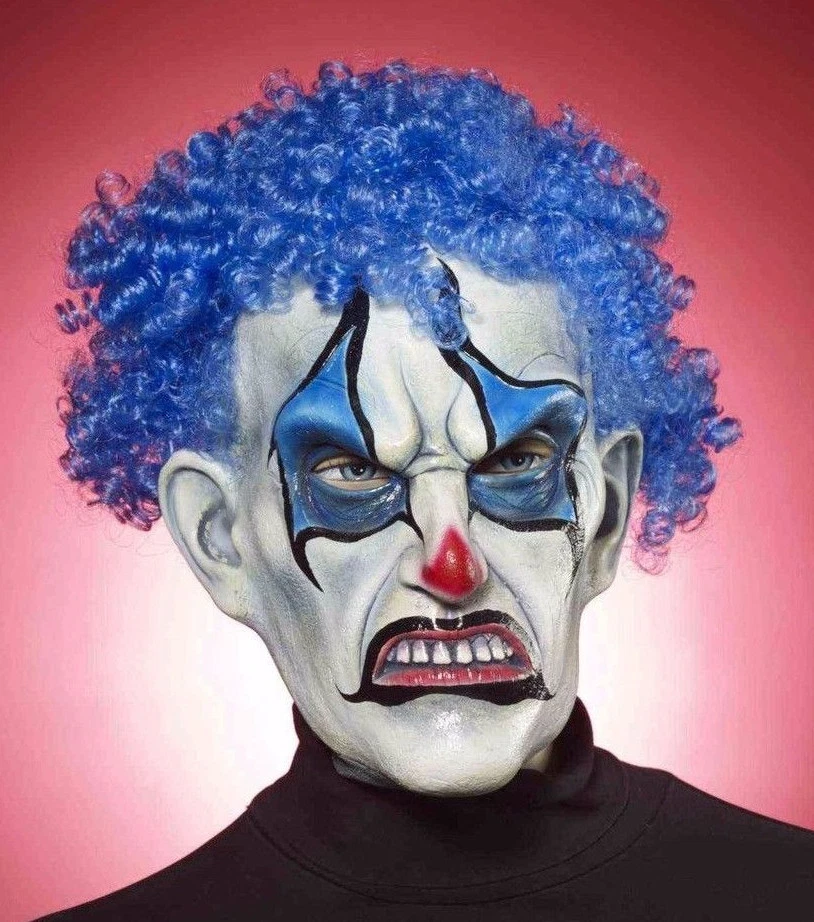 EVIL PSYCHO BLUE CLOWN w/ CURLY HAIR MASK ADULT HALLOWEEN COSTUME ACCESSORY - Image 1 of 1