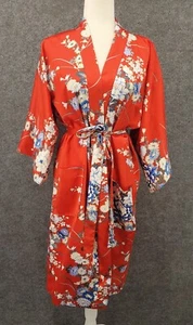 Kimono Robe Womens Medium 3/4 Flared Sleeve Lined Pockets Midi Tie Red Floral - Picture 1 of 15