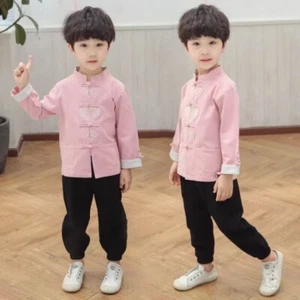 2pcs Boys Outfit Chinese Top Pants Set Ethnic Tang Suit Frog Button Retro Casual - Picture 1 of 16