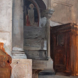 Martin Feuerstein Interieur Kirche Sarkophag Studie unsign Öl auf Holz um 1900 - Picture 1 of 5