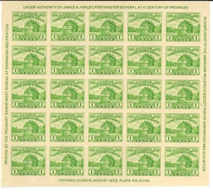 Scott 730 1 ¢ Century of Progress kein Gummi wie ausgegeben postfrisch kostenloser Versand in den USA - Bild 1 von 1