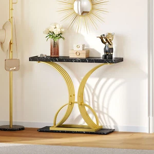 Faux Marble Accent Console Table with X-Shaped Metal Leg Narrow Entryway Table - Picture 1 of 9