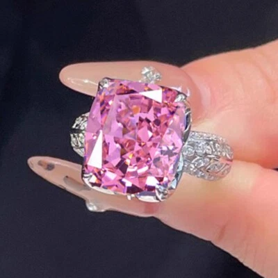 New Rectangle 14mm Ice Flower Cut Pink Topaz Gems Charm Women Girl Silver Rings - Image 1 of 4