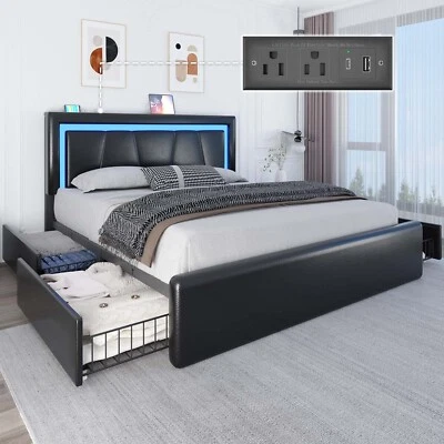 Full Queen Bed Frame with 4 Storage Drawers and Charging Station ＆ LED Lights - Image 1 of 4