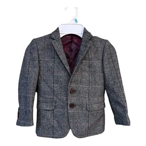 D19 Elpa Boys Plaid Herringbone Wool Jacket Blazer Two Button Sz 100cm US Sz 4 - Picture 1 of 8