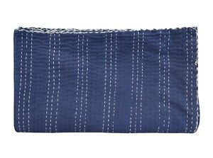 Ethnic Indian Cotton Solid Blue Kantha Quilt Bedspread Throw Bed Cover Blanket