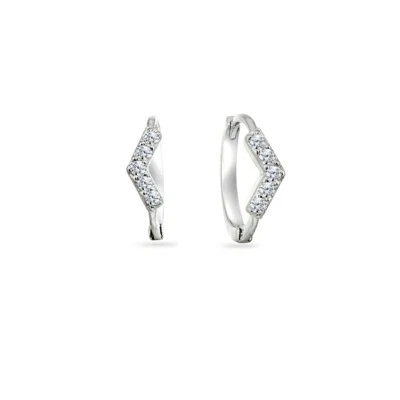 925 Sterling Silver CZ V Shape Small Huggie Hoop Earrings - Image 1 of 4