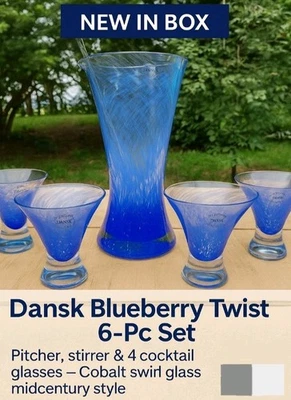 Dansk Blueberry Twist набор стеклянной посуды из 6 предметов — новый в коробке — кувшин, мешалка, 4 коктейля - Изображение 1 из 4