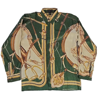 Camisa de Colección Ónix Dorado Metálico Seda Barroco Caballo Ecuestre Brida Talla S De Gran Tamaño Foto 1 de 4