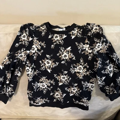Janie And Jack Sweatshirt Size 6 Girls Black Floral Puff Sleeve School - Image 1 of 4