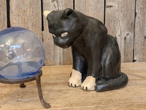 Antique Folk Art BLACK CAT Handmade Pottery Figurine AAFA - Picture 1 of 17