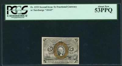 1863 Second Issue 5 Cents Union Fractional Currency FR#1233 Civil War, PCGS AU53 - Image 1 of 4