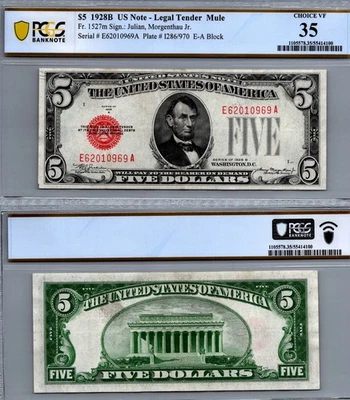 $5 1928 - B Legel Tender PCGS 35 CHOICE VF Fr. 1527m MULE - Image 1 of 2