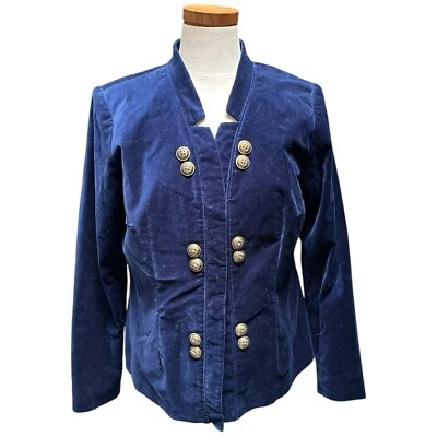 Chaqueta de terciopelo estilo militar Du Jour para mujer frente abierto azul talla 14 botón dorado Foto 1 de 4