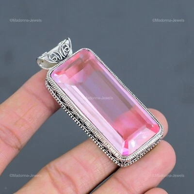 Elegante colgante vintage con bisel de kuncita rosa natural radiante de plata de ley 925 Foto 1 de 4