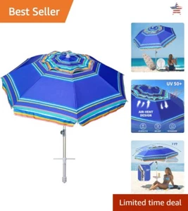 7ft High Wind Beach Umbrella with Sand Anchor & Tilt - UV 50+ Protection - Picture 1 of 10