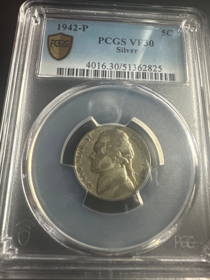 1942 P mint mark war nickel graded by pcgs VF30 Type 2 Nickel - Image 1 of 1