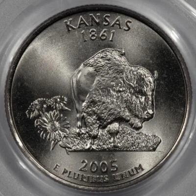 2005 PCGS MS65 Die Break Kansas Quarter Mint Error Humpback Bison - Image 1 of 4