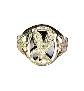 Handcrafted 14K Yellow & Rose Gold Gents Onyx Eagle Ring - Picture 1 of 10