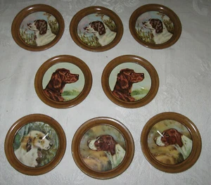 Lot of 8 Hunting Dog Metal Tin Litho Coasters, 4 Different Spaniels, 3 1/2" - Imagen 1 de 5