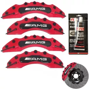 4x ABS PLASTIC For Mercedes Brake Caliper Covers Set Tit Red AMG Pair + SILICONE - Picture 1 of 11