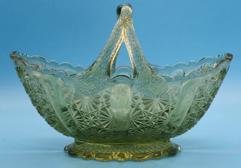 1960's Fenton Glass Oval Basket Colonial Green Daisy & Button Split Twig Handle Cover