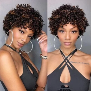 Blonde Highlights Afro Kinky Curly Pixie Cut Wig 150% Full Machine Made Wig - Picture 1 of 13