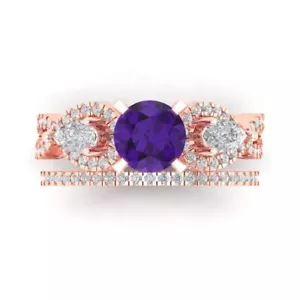 2 Round Cut Pear 3 stone Natural Amethyst Promise Bridal Band set 14k Rose Gold - Picture 1 of 5