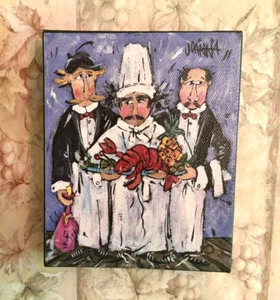 Vintage Wrapped Canvas Painting "Two Waiters & Chef" by Joanna - Picture 1 of 6