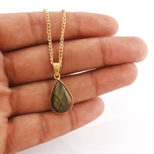 Pear Rainbow Fire Labradorite Gold Plated Pendant Necklace Labradorite Jewelry - Picture 1 of 3