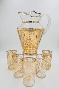Vintage MCM Pitcher Set with 5 Tumblers Gold Embellished Floral Rose Design - Picture 1 of 11