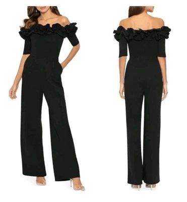 Xscape Black Ruched Ruffle Scuba Crepe Jumpsuit Size 14 $248 - Image 1 of 4