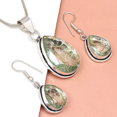 Conjunto de pendientes de oro rutilo joyería 18-20"" colgante cuarzo esterlina Foto 1 de 4