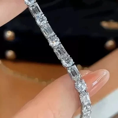 25 Ctw Emerald & Round Lab Created Diamond 14K White Gold Plated Tennis Bracelet - Image 1 of 4