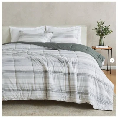King/California King Reversible Comforter Set, Down Alternative Grey Stripe-3pcs - Image 1 of 4