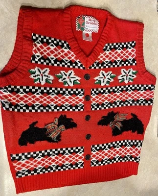 Chaleco Suéter Feo Navidad De Colección Para Mujer Talla L Cuello en V Rojo Negro Scotty Dogs Foto 1 de 4