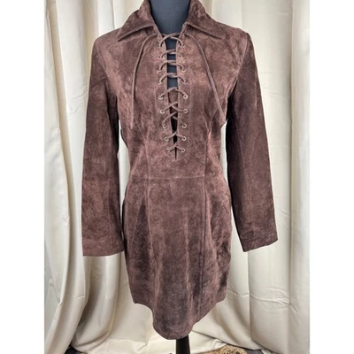 Mini vestido raro Y2K vintage Newport News StyleWorks couro camurça com cadarço marrom - Imagem 1 de 4