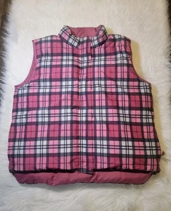 LL Bean Reversible Down Pink Plaid Solid Puffer Vest Women Full Zip Pockets XL - Picture 1 of 19